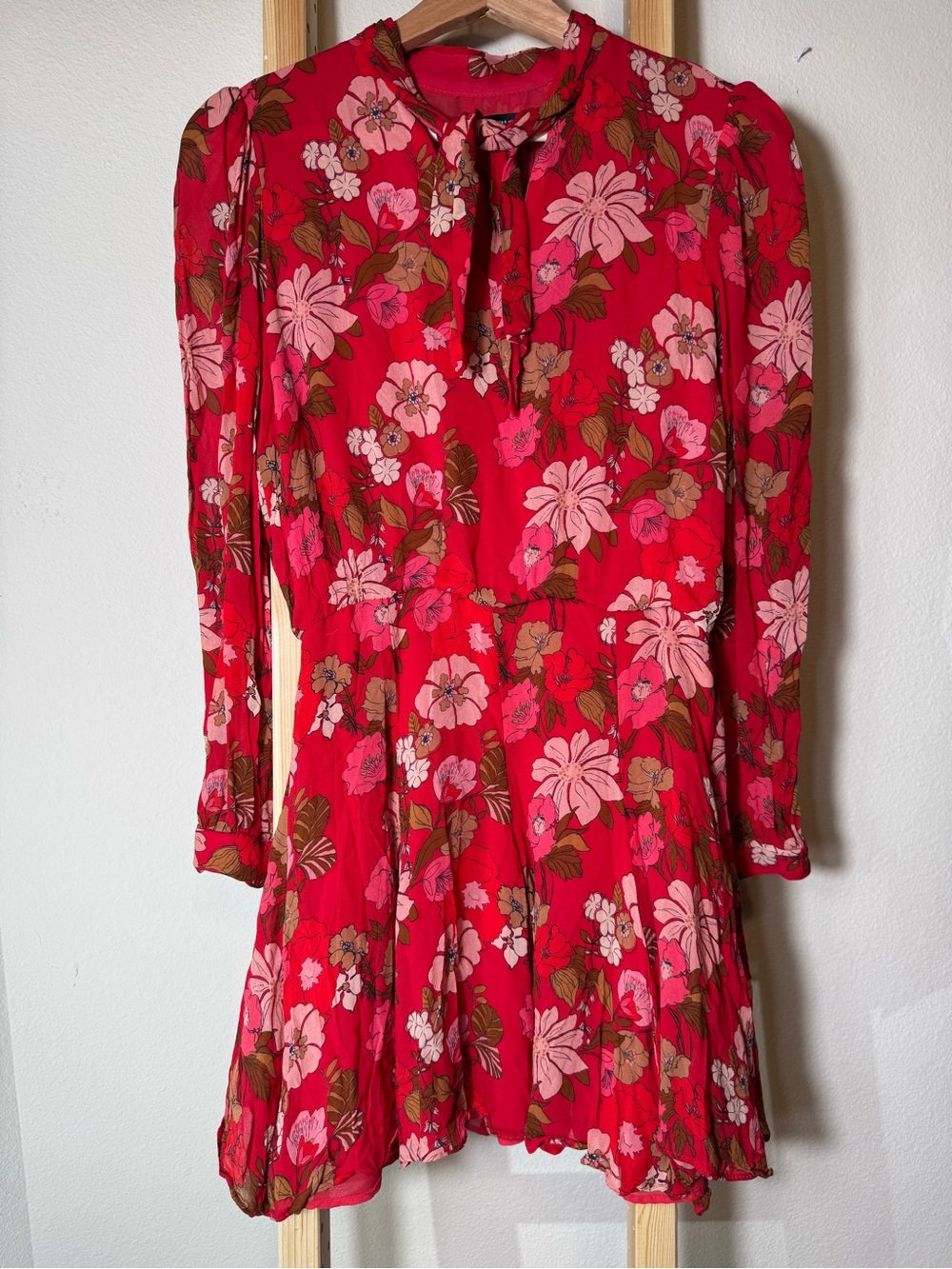 Red Floral Long-Sleeve Tie-Neck Dress